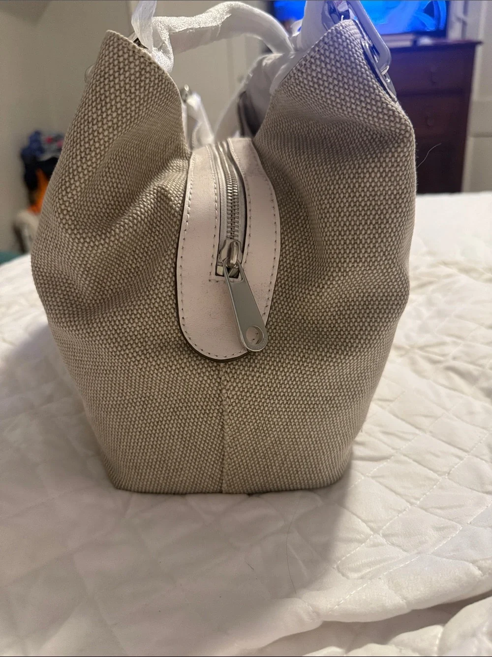 Michael Kors Beige Canvas Shoulder Tote with Silver Grommets